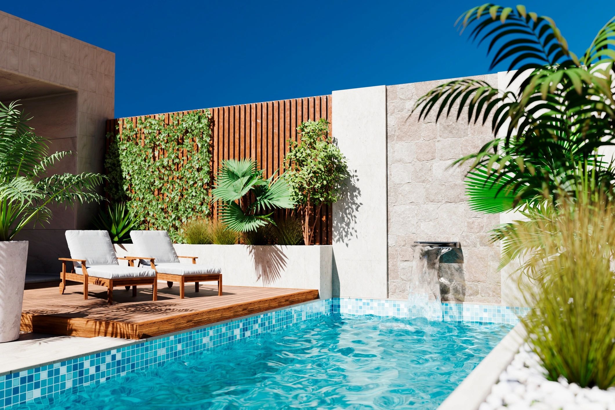 Modern luxury courtyard with pool and outdoor living space in Del Mar, CA by Capps Construction