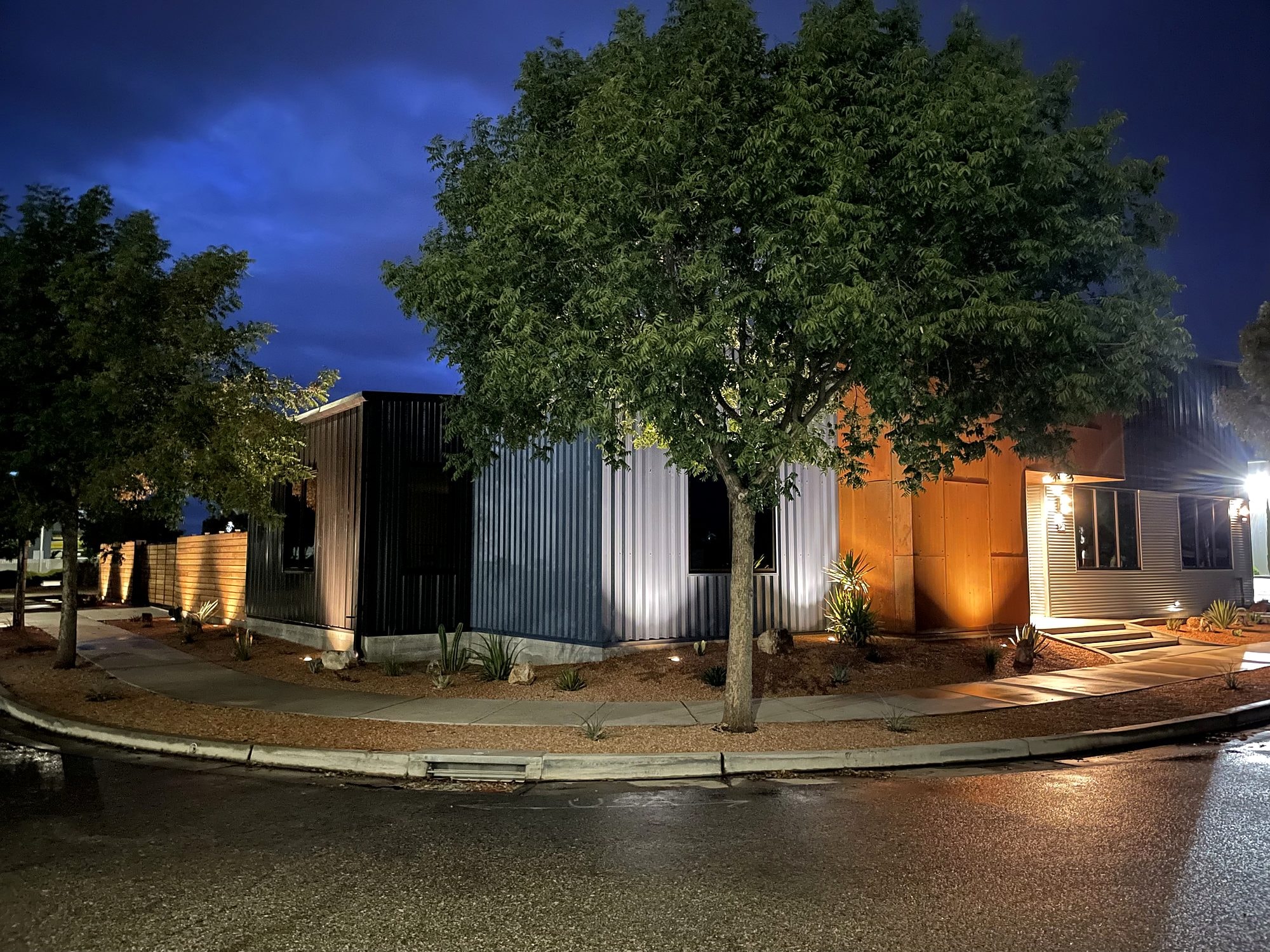 Commercial landscape lighting and drought-tolerant planting at night by Capps Construction