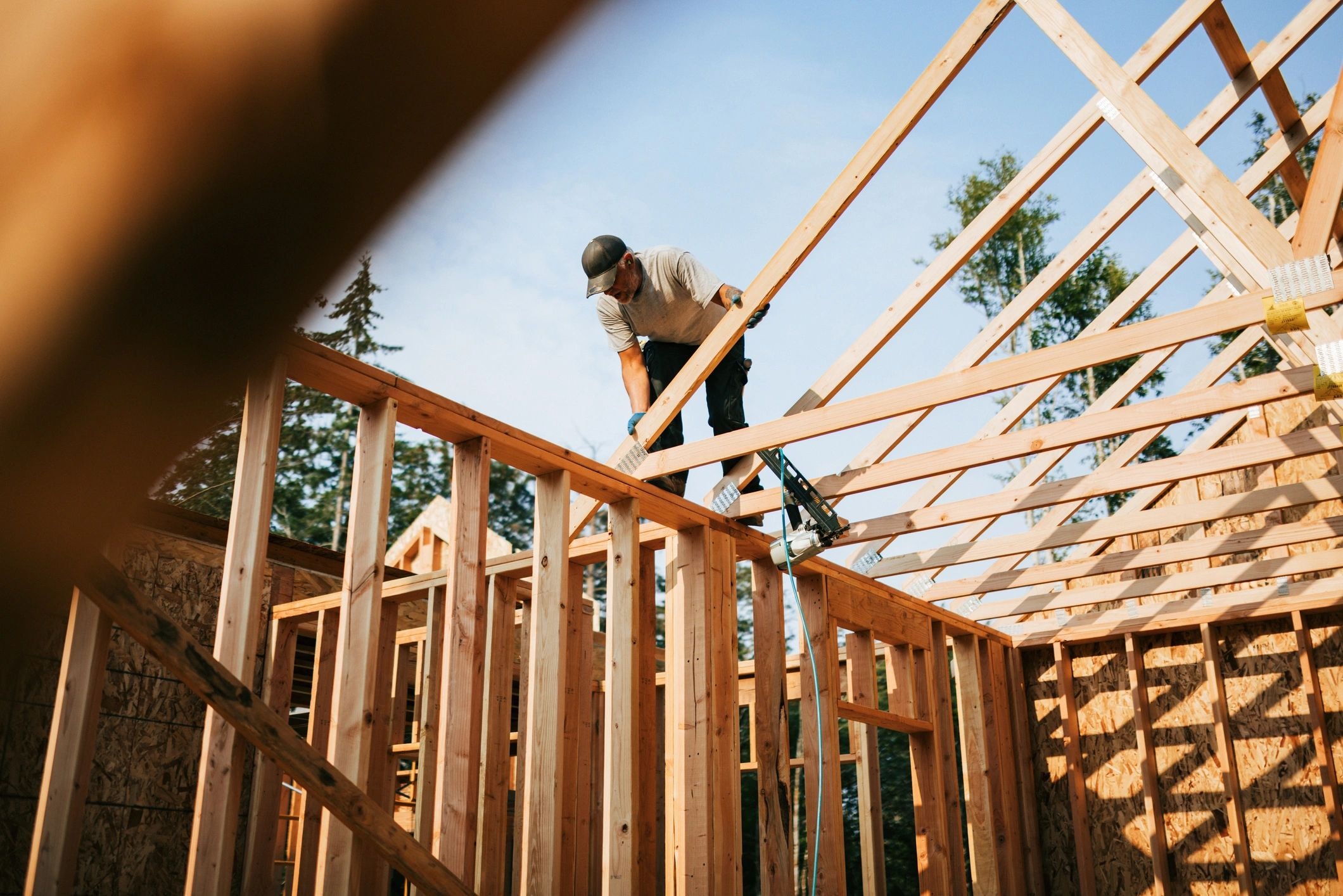 Roof framing on residential construction project in Del Mar, CA by Capps Construction
